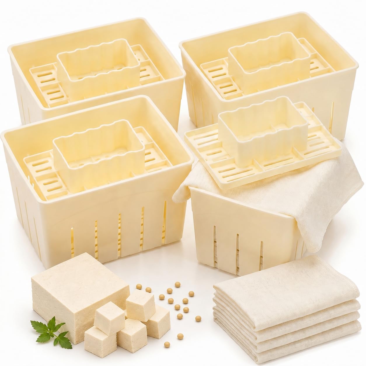Noamus 4 Pack Tofu Press Mould, Food Grade Plastic DIY Homemade Cheese Maker, BPA Free Pressing Mold with Cheesecloth Kit, Rectangular Home Self-Made Tofu Tool Box for Soybean Curd Press, Kitchen