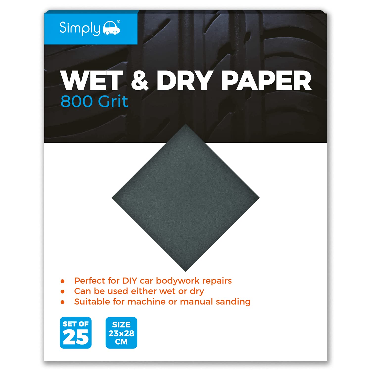 Simply WD0800 Wet & Dry Polishing Paper 800 Grit, Pack of 25, 230mm x 280mm, Perfect for DIY Car Bodywork Repairs Machine