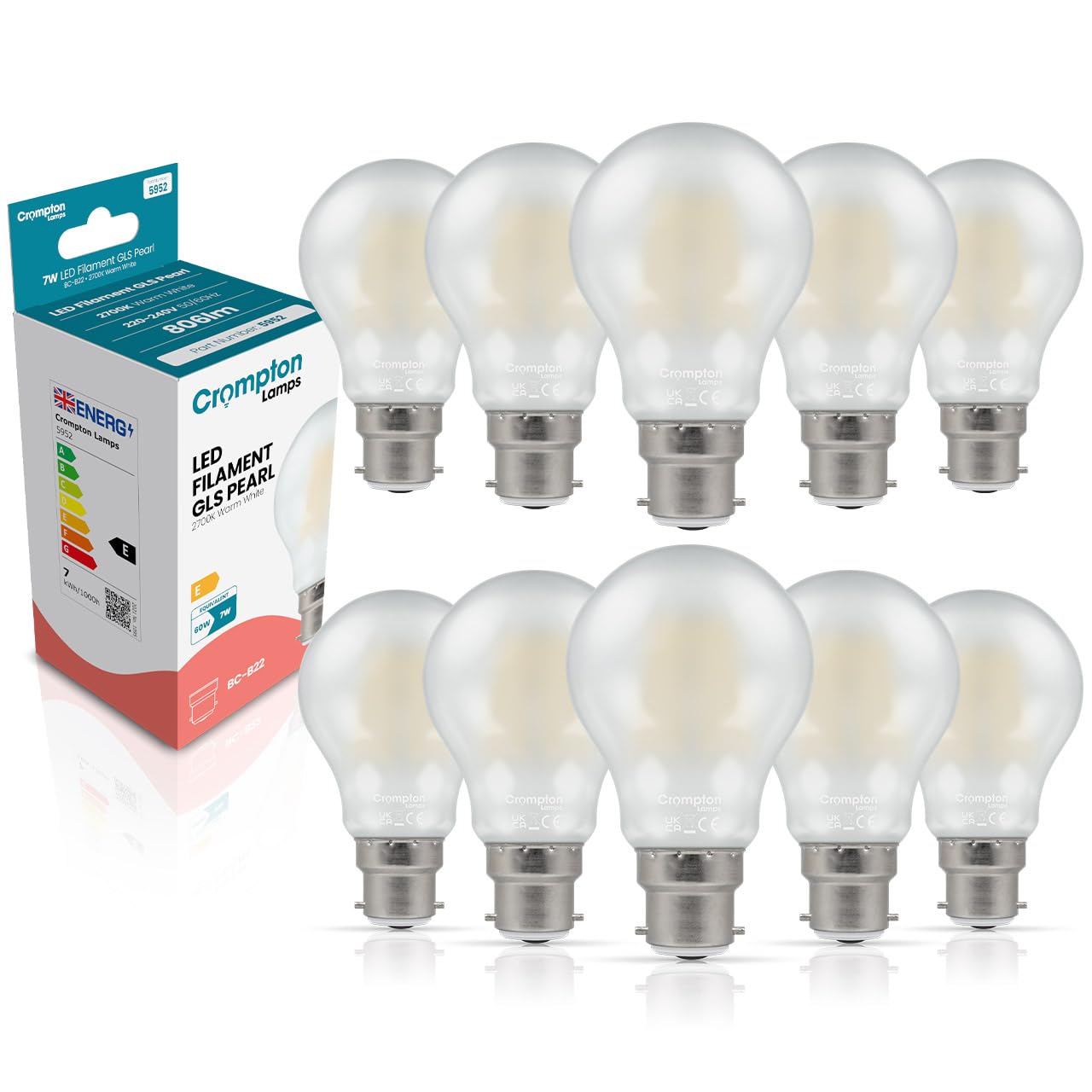 Crompton Lamps Filament GLS LED Light Bulb BC-B22d | 7W = 60W Equivalent | Warm White 2700K | Energy Efficient | Bayonet Lightbulb | Long Life 10,000-Hrs | Pearl Glass | Dimmable | 10-Pack