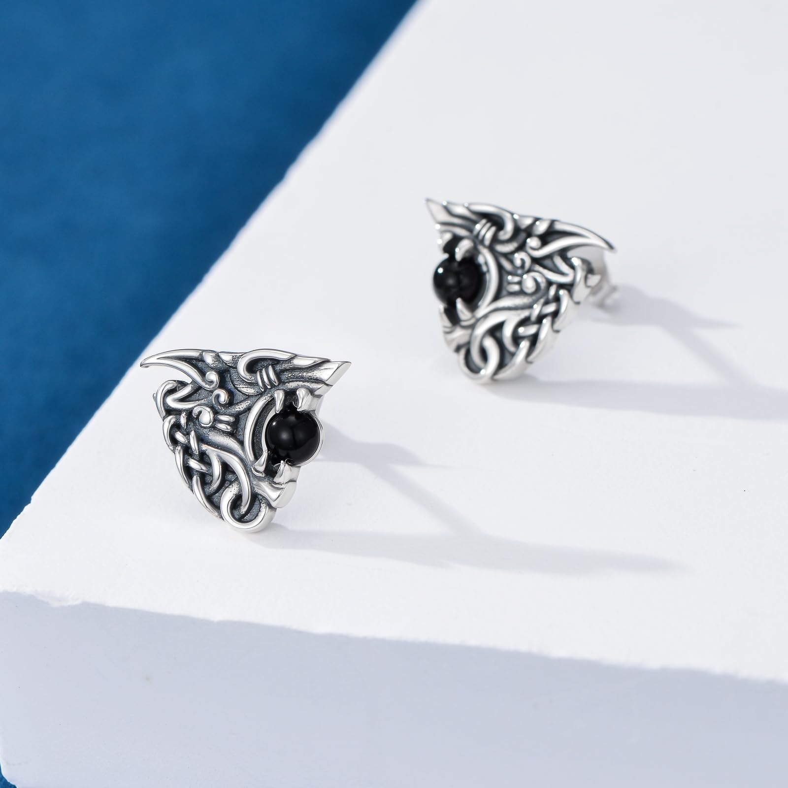 Pendientes de lobo vikingo para hombre, plata de ley 925, nudo celta del norte, aretes de lobo y ónix negro, joyería vikinga para hombres y mujeres