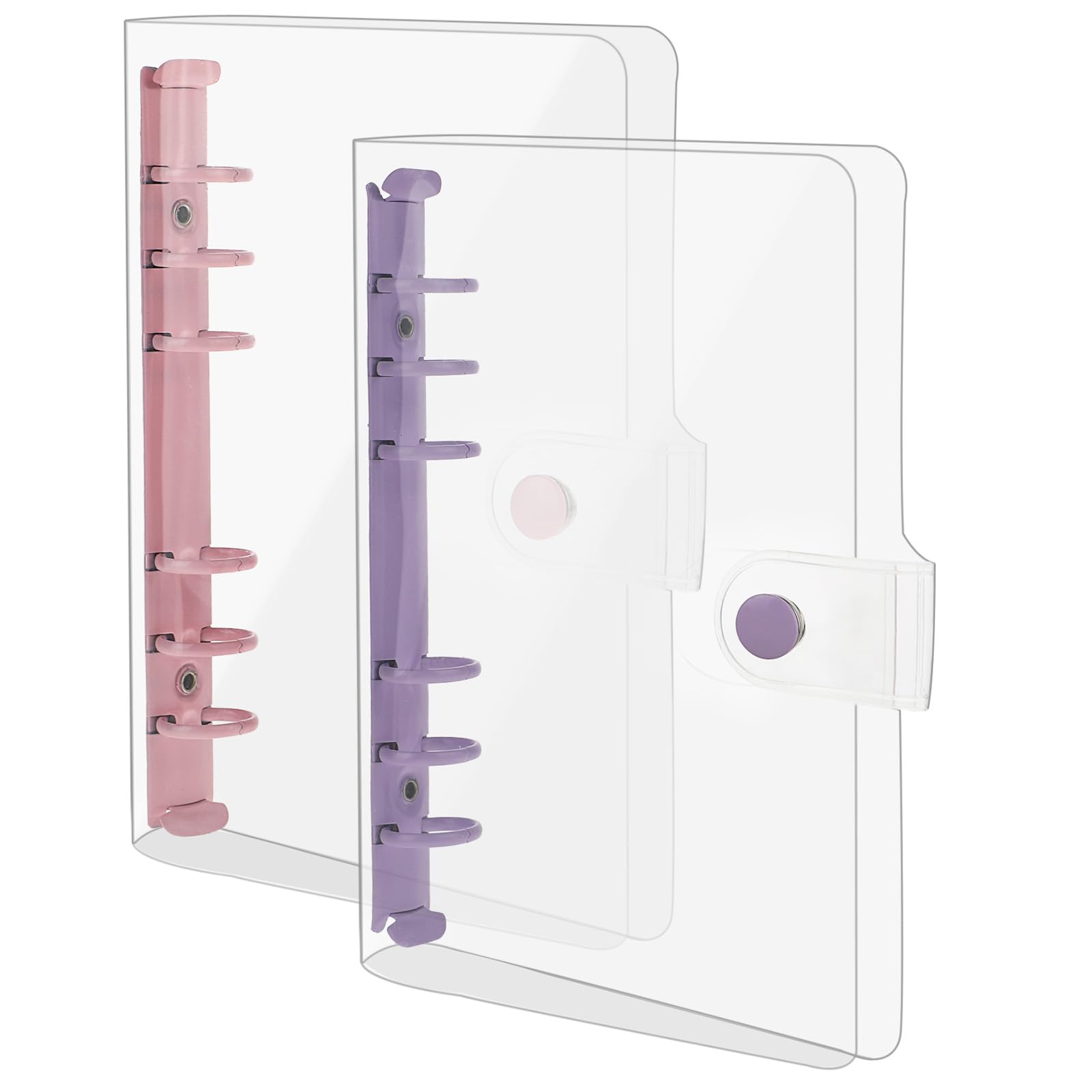 2 Pack A6 Soft PVC 6 Ring Binder, Clear Budget Refillable Planner Binder with Snap Button Closure