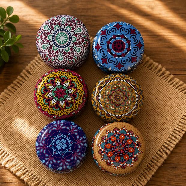 Round Decorative Metal Storage Tin Gift Box, Multicolor Handmade Mandala Boho Print, 6cm x 5cm, Multipurpose Organizer for Jewellery, Spices, Coins & Candles, Random Design (pack of 4)-image-32