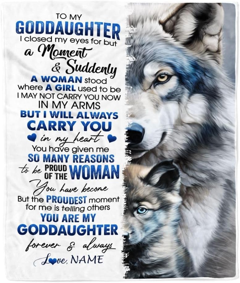 Personalized to My Goddaughter Blanket from Godmother Aunt I Close My Eyes for But A Moment Wolf Goddaughter Birthday Christmas Customized Gift Fleece Blanket (50 x 60 in Youth Size)