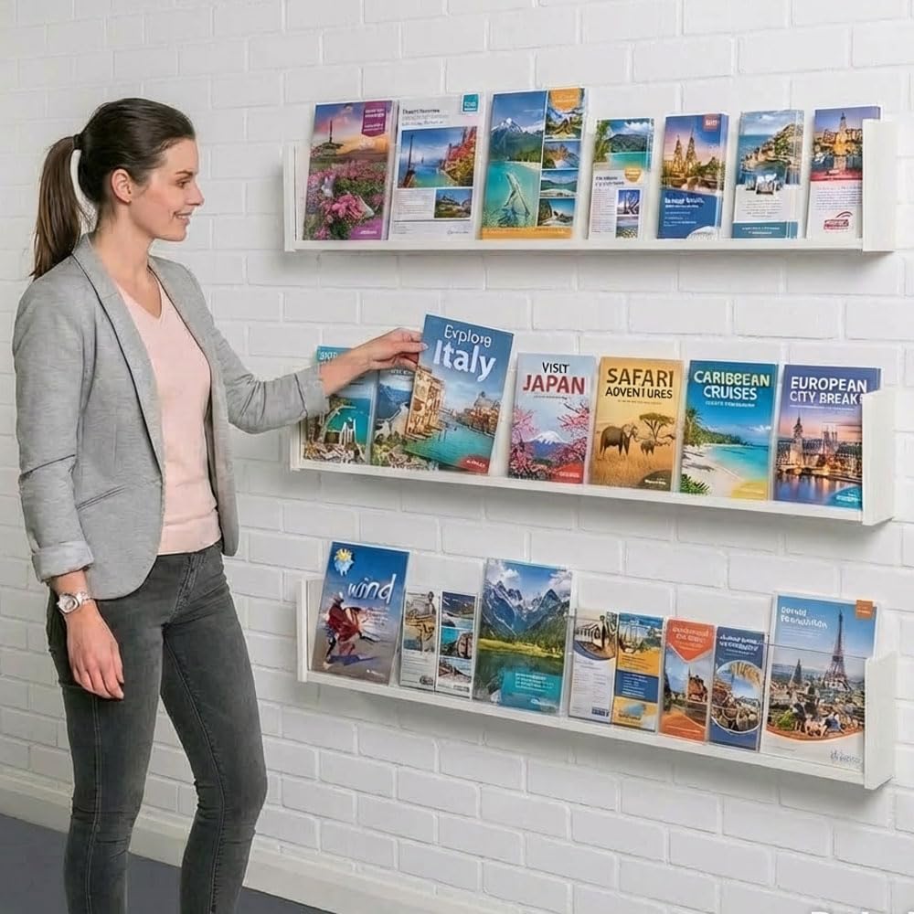 Metroplan Wall-Mounted Literature Display Shelf, White Wooden Leaflet Holder with Acrylic Fascia, 222x 1314 x 92 mm, Modern Design - for Reception, Waiting Rooms and Info Hubs