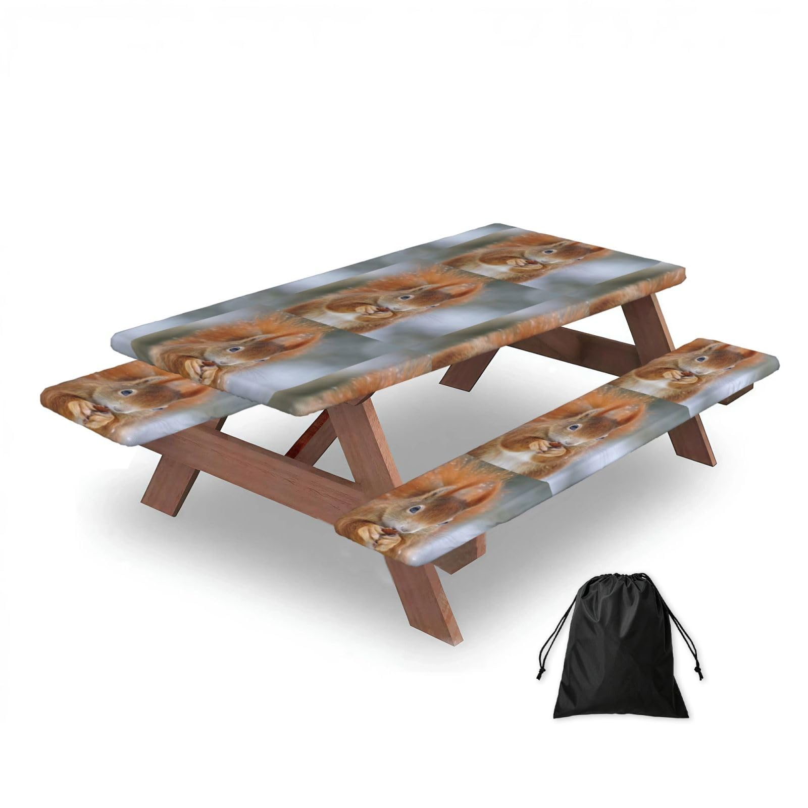 Dopklna As Picture Cute Squirrel, Picnic Table Cover With Bench Covers -Waterproof Elastic Fitted Tablecloth For Garden Camping Patio 76X152cm