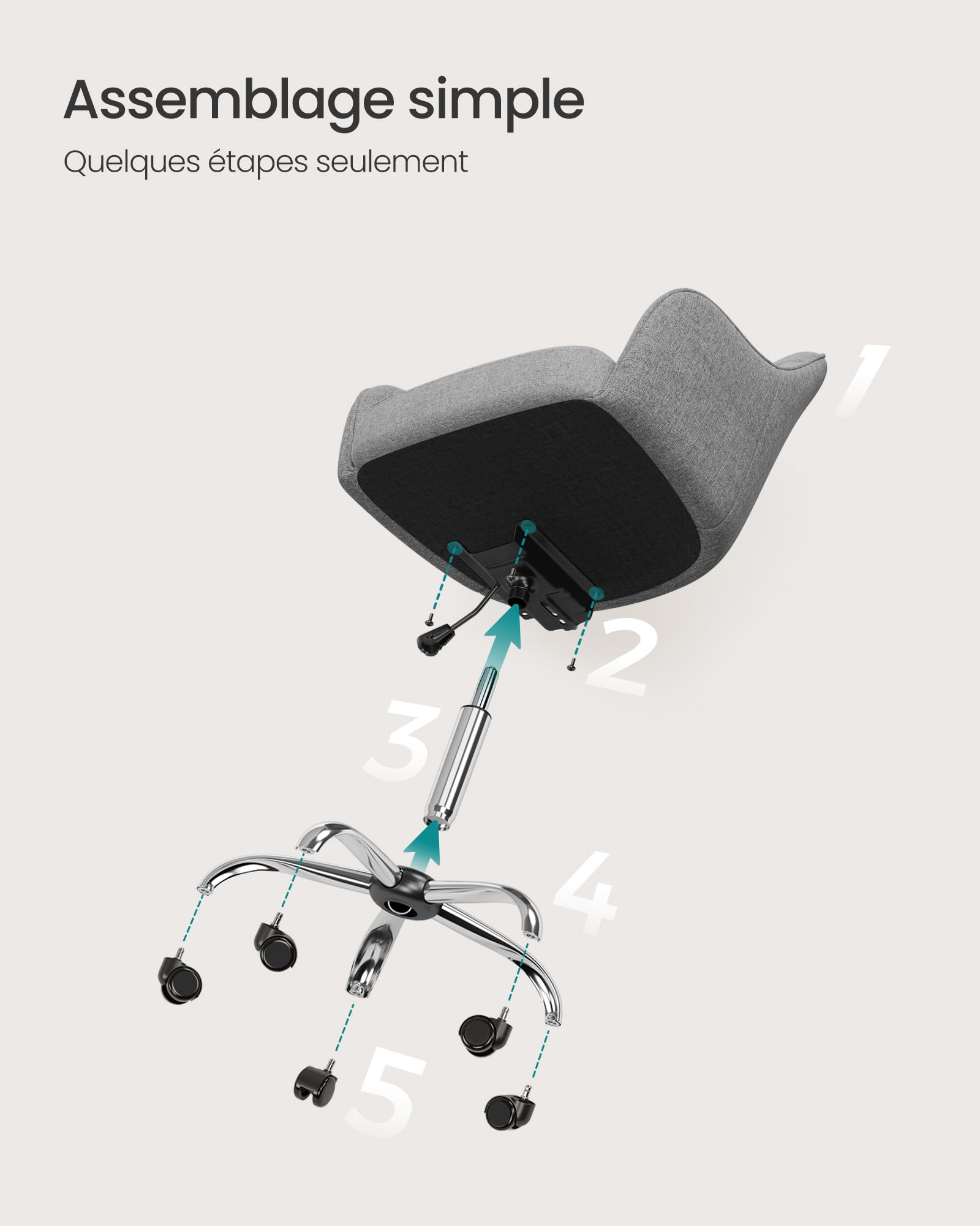 SONGMICS Chaise de Bureau, Fauteuil Ergonomique, Siège Pivotant, Réglable en Hauteur, Capacité 110 kg, Cadre en Acier, Tissu en Coton-Lin Respirant, pour Bureau, Chambre, Gris OBG019G01