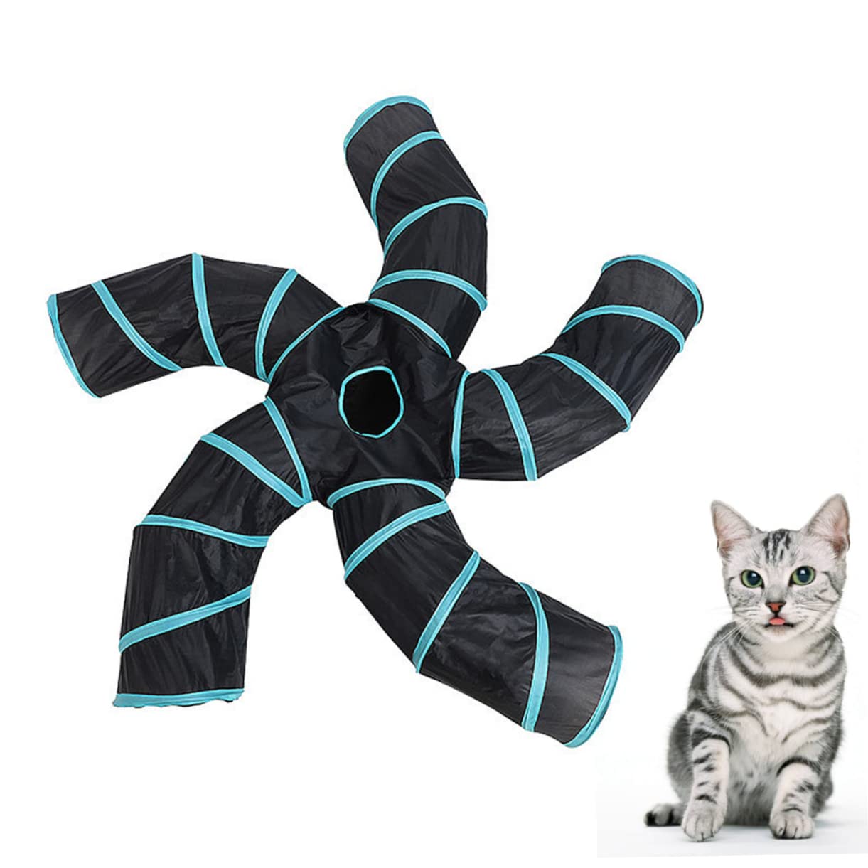 Happyyami Tunnel pour Chats Pliable en Polyester, 5 Voies, Forme en S, Jouet Interactif et Éducatif pour Chat, Jeu Amusant