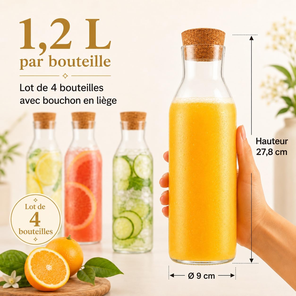 YAYODS Lot de 4 Carafe en Verre avec Bouchon en Liège 1,2L, Pichet en Verre Borosilicate pour Mimosa Bar, Jus, Bouteille d'Eau Élégante pour Réception, Fête, Mariage et Réfrigérateur