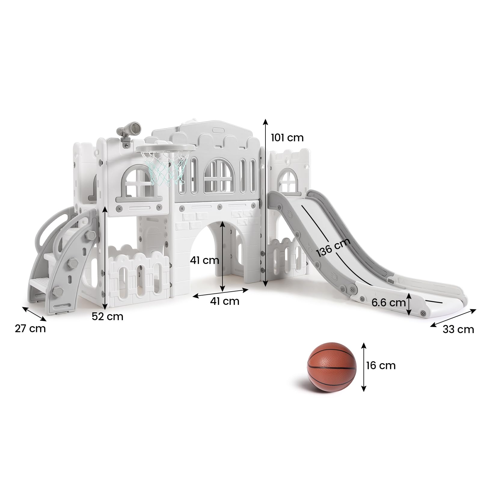Tobogán Infantil 8 en 1 con Cesta de Baloncesto, Toboganes Infantiles Exteriores y Interiores con Escalera de Escalada, Telescopio y Túnel de Juego, Espacio de Almacenamiento, 1+ (Gris)
