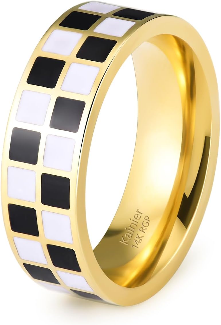 6mm 14k Gold Plated Rings Polished Checkerboard Bands Knuckle Statement Pointer Finger Ring Comfort Fit Size 5-9