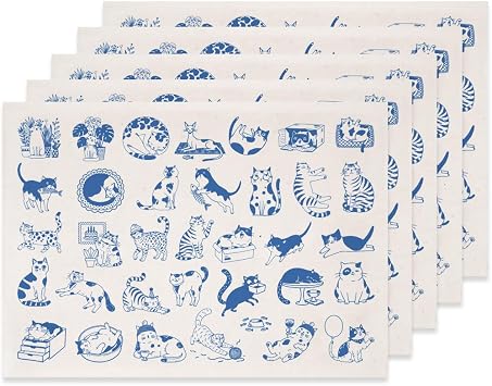 SUPERDANT 5 Pcs Cat Underglaze Transfer Pottery Decal Ceramic Cat Decal for Mugs Plates Blue