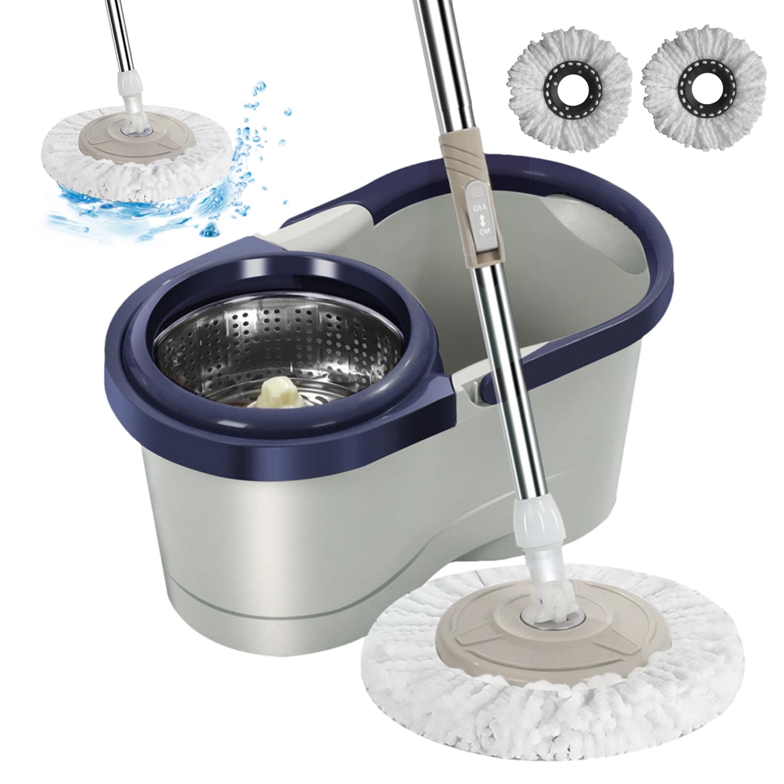 Juego de fregona y cubo, mopa para suelos, juego de 1 fregona + 1 cubo + 2 | cabezales de fregona de repuesto, fregona sin esfuerzo con cabezal desmontable para cocina, balcón con