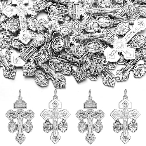 Loetere 48 Pcs Catholic Pardon Crucifix for Rosary Making Bulk 1.57 Inch Rosary Cross Charms Pendants Silver Medal Crucifix Cross DIY Supplies for Rosaries Necklace Jewelry Making Prayer Beads Part