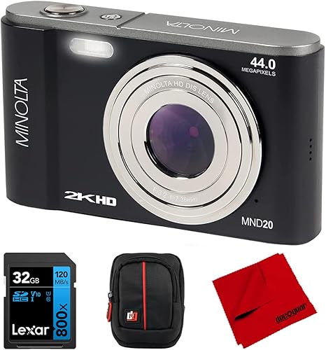 Minolta MND20-BK - Cámara digital Ultra HD de 44 MP 2.7K, paquete negro con tarjeta de memoria Lexar UHS-I SDHC de 32 GB, funda para cámara Deco