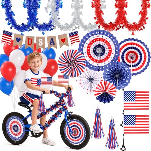 QOUBAI 4th of July Bicycle Decorations Patriotic Bike Decorations Red White Blue Bicycle Tinsel Streamers Tinsel Garlands USA Flag Balloon Banner String Fans for Independence Day Kids Bike Parade
