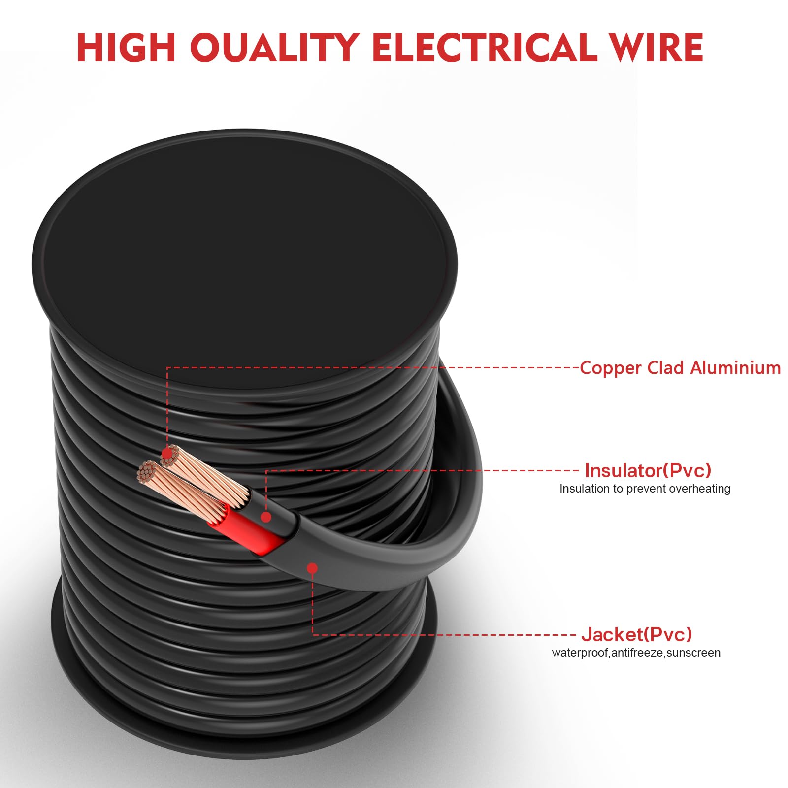 VIABRICO Fil électrique de calibre 12 à 2 conducteurs, cordon en PVC 12 AWG 3,3 mm², basse tension 12 V/24 V CC/aluminium plaqué cuivre/flexible/2 fils pour bandes LED automobiles éclairage marine (61
