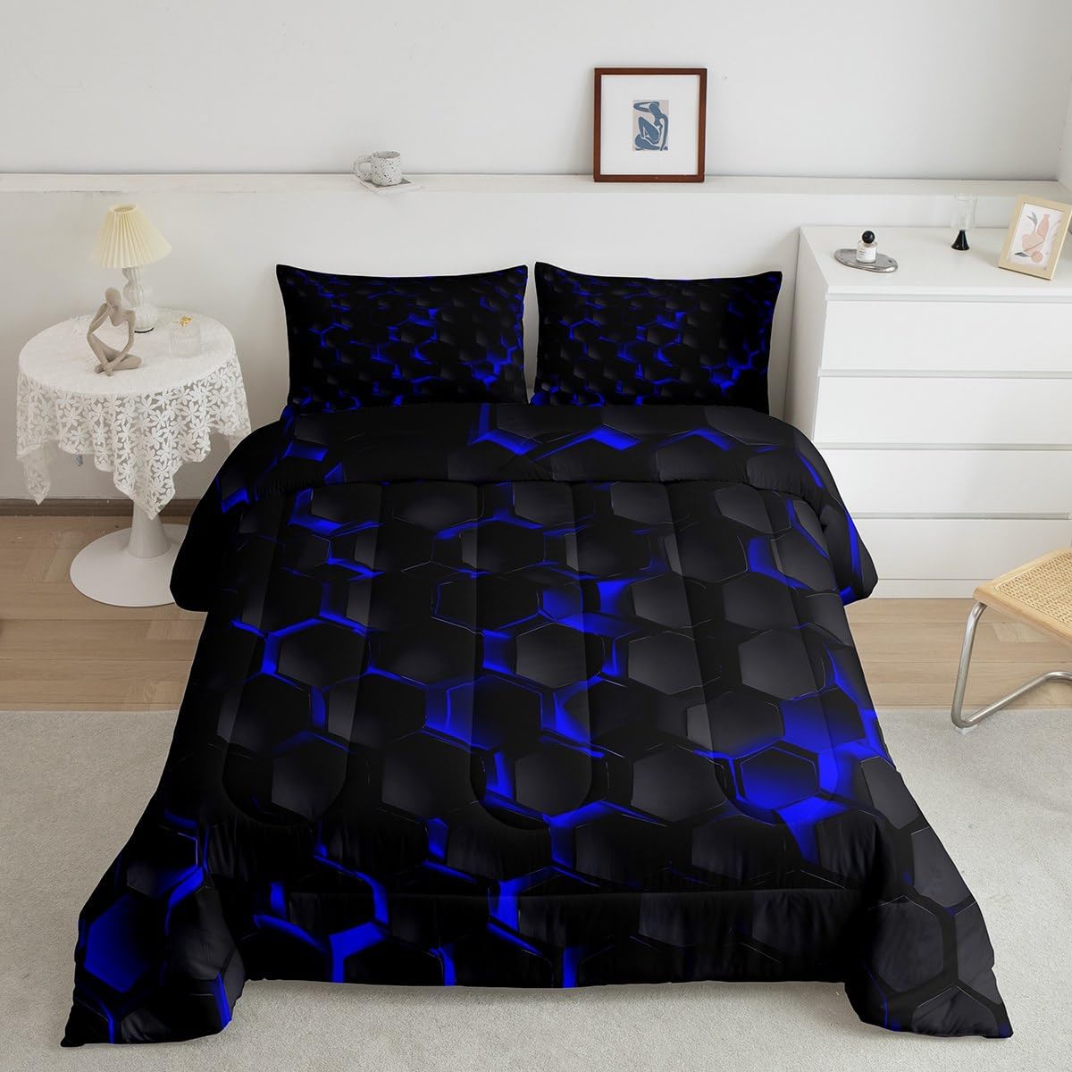 Feelyou Honeycomb Bedding Set Boys Girls Twin Size Hexagonal Comforter Set for Kids Women Men Ombre Blue Black Comforter Geometrical Duvet Set Room Decor Quilt Set