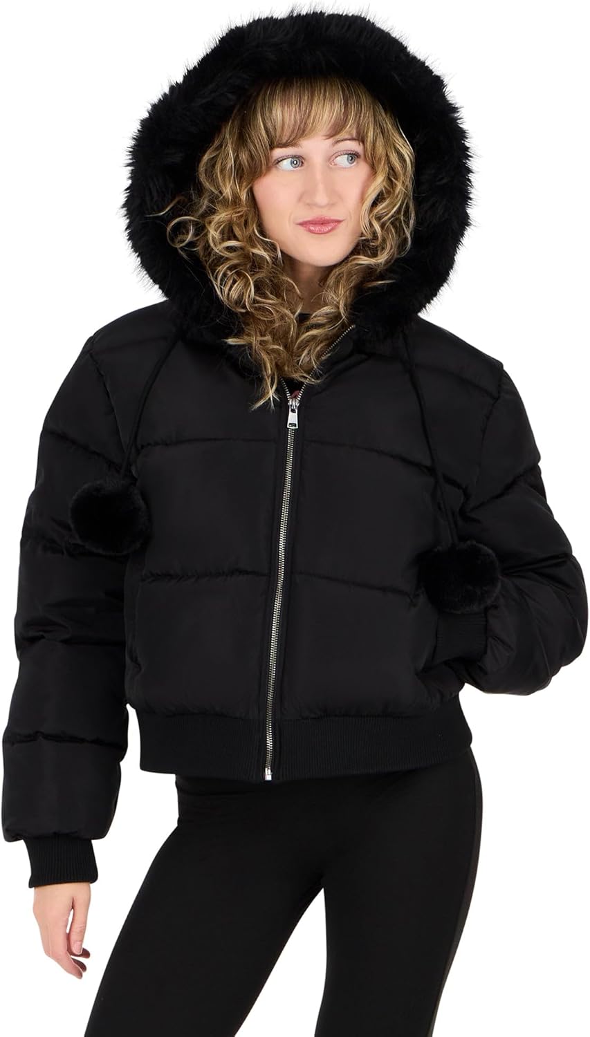 Forever 21 womens Puffer Jacket With Fur Hood and Pom Poms