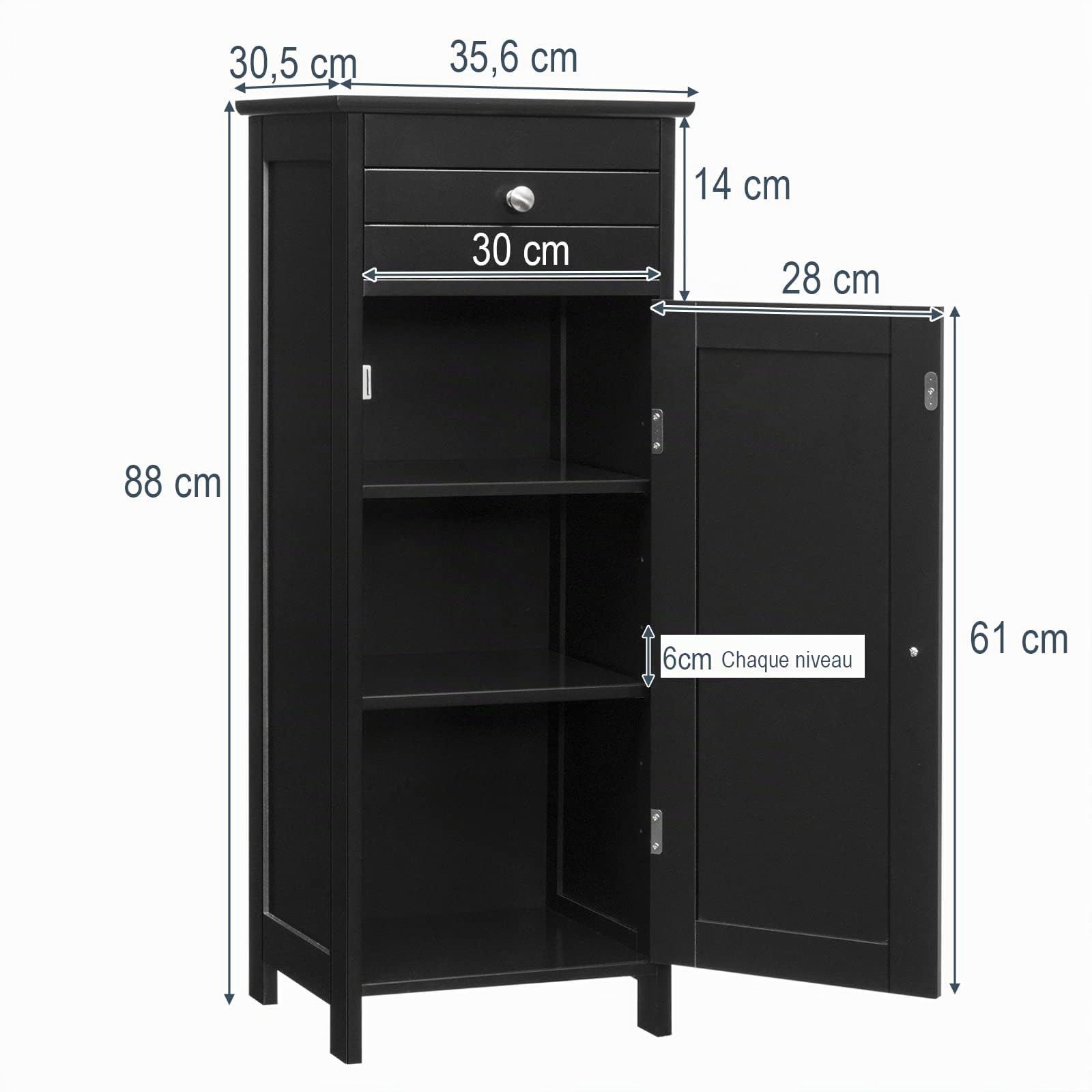 COSTWAY Meuble de Salle de Bain en Bois sur Pieds, Armoire de Rangement à Porte avec Grand Tiroir, 2 Étagères Réglables et Dispositif Anti-Dumping, 35,6 x 30,5 x 88 cm (Noir)