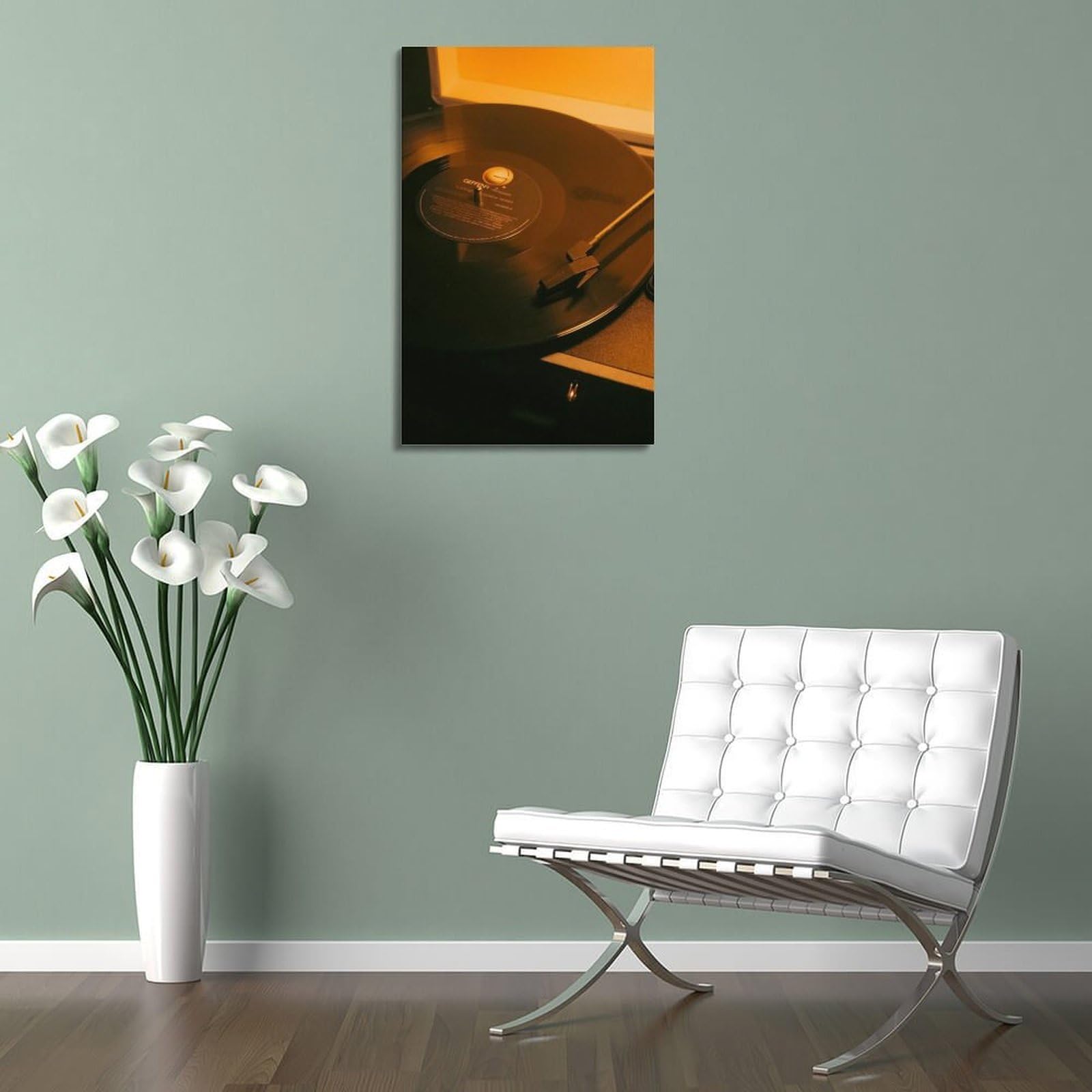 Gramofon z czarną płytą winylową w ciepłym świetle sztuka ścienna, retro muzyka dekoracja do domu i salonu plakat dekoracyjny obraz na płótnie plakaty ścienne i obraz artystyczny nadruk nowoczesna