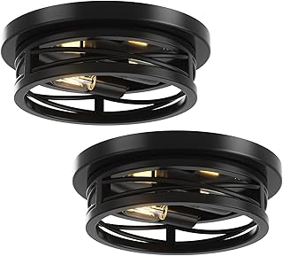 Lightbiz 2-Light Black Flush Mount Ceiling Light Fixture Metal Cage Farmhouse Closed to Ceiling Mount Lamp for Hallway Entryway Bedroom Kitchen Balcony Farmhouse Dining Room E26 Base