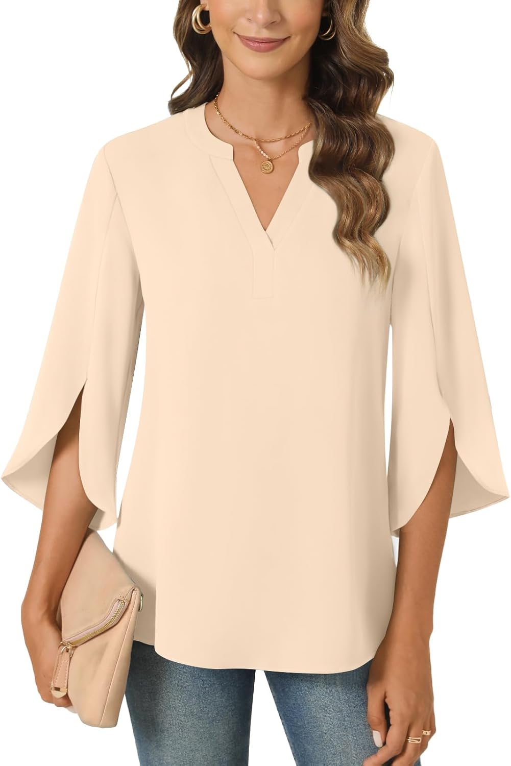 Anyally Women's Chiffon Blouses 3/4 Sleeve Summer Dressy Tunic Tops Casual Loose V Neck T-Shirts