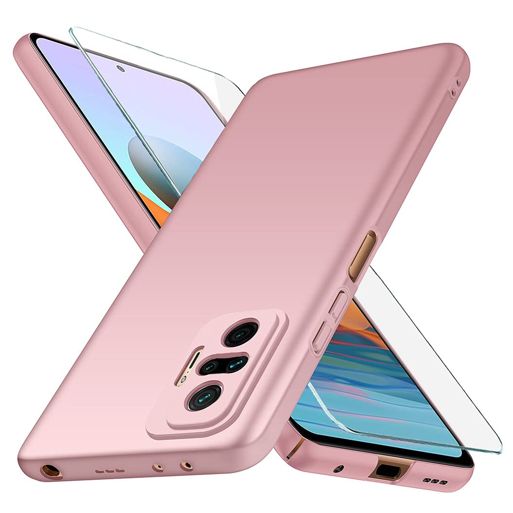 YIIWAY Compatible with Xiaomi Redmi Note 10 Pro Case + Tempered Glass Screen Protector, Rose Gold Ultra Slim Case Hard Cover Shell Compatible with Redmi Note 10 Pro (6.67") YW42200