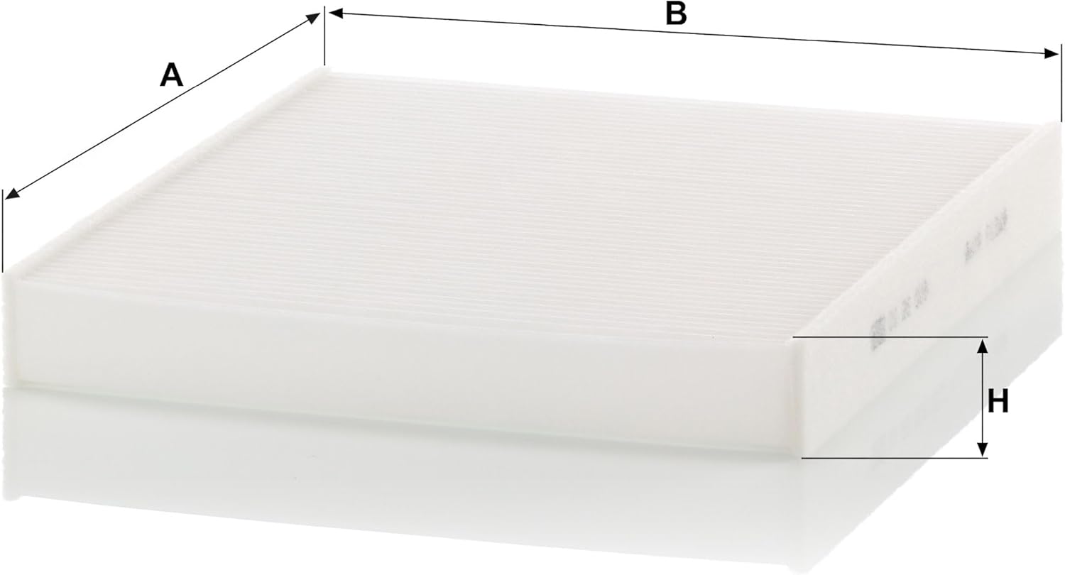 Diagram showing dimensions (A, B, H) of the cabin air filter.