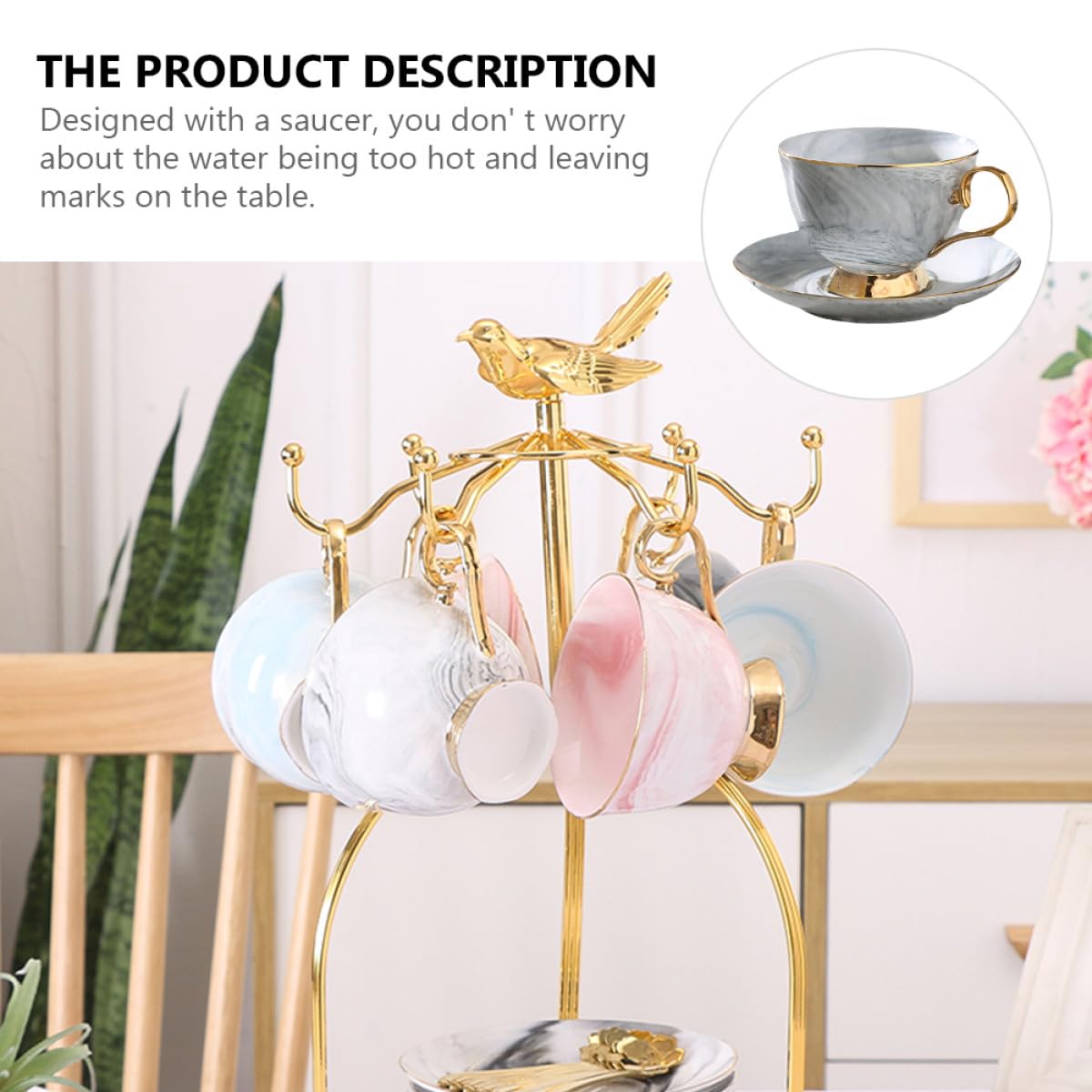 Juego de Taza y Platillo de Cerámica 250ml con Diseño Mármol Nórdico | Tazas Cafe con Plato, para Leche, Zumo, Café, Té, Chocolate Caliente, Agua y Otras Bebidas