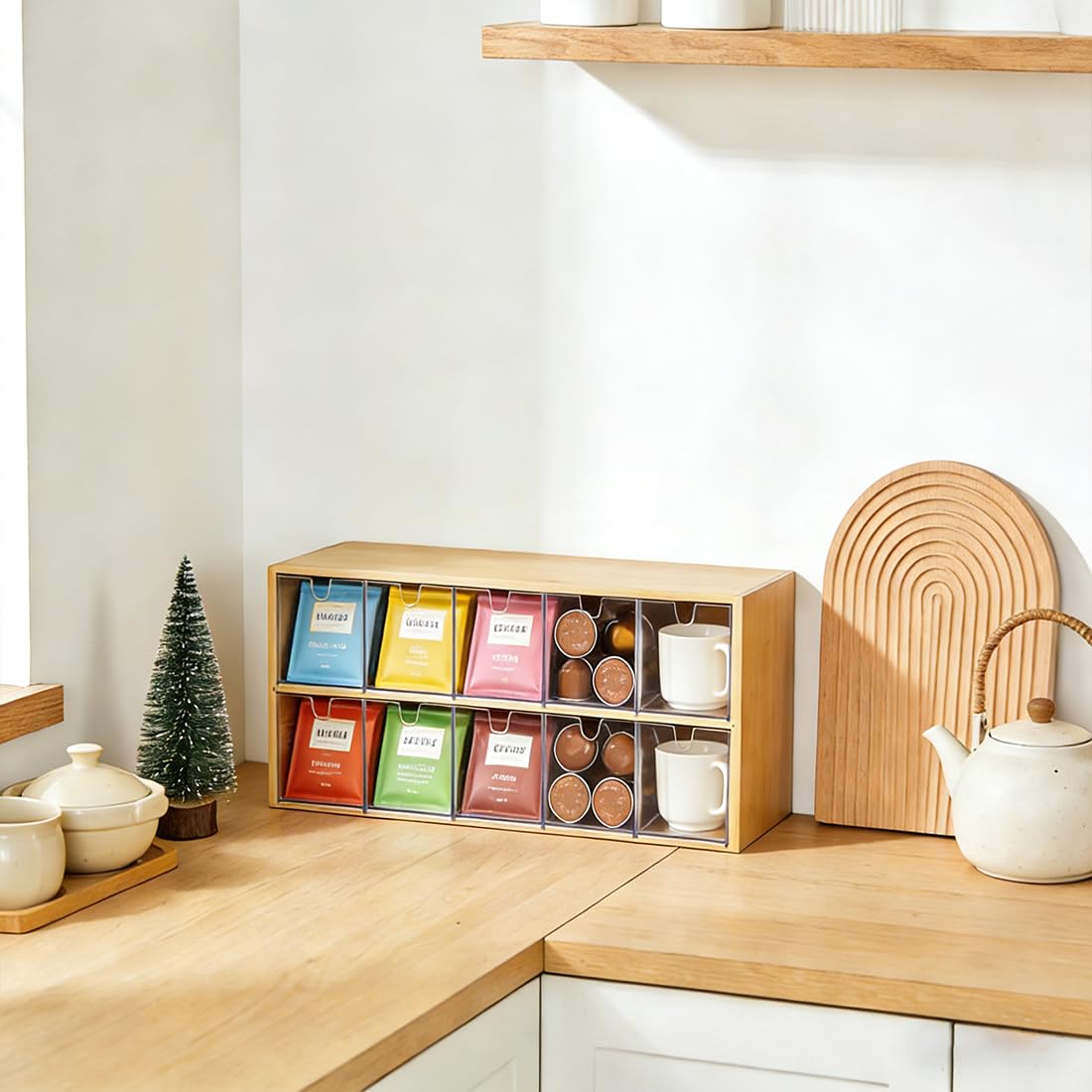 Teebeutel Behälter, Bambus Halterung für Teebeutel, Teebeutelbox, Teebeutel Organizer, Aufbewahrungsbox zur Tee Organizer Für Büro, Küche und Schrank (2 Ebenen)