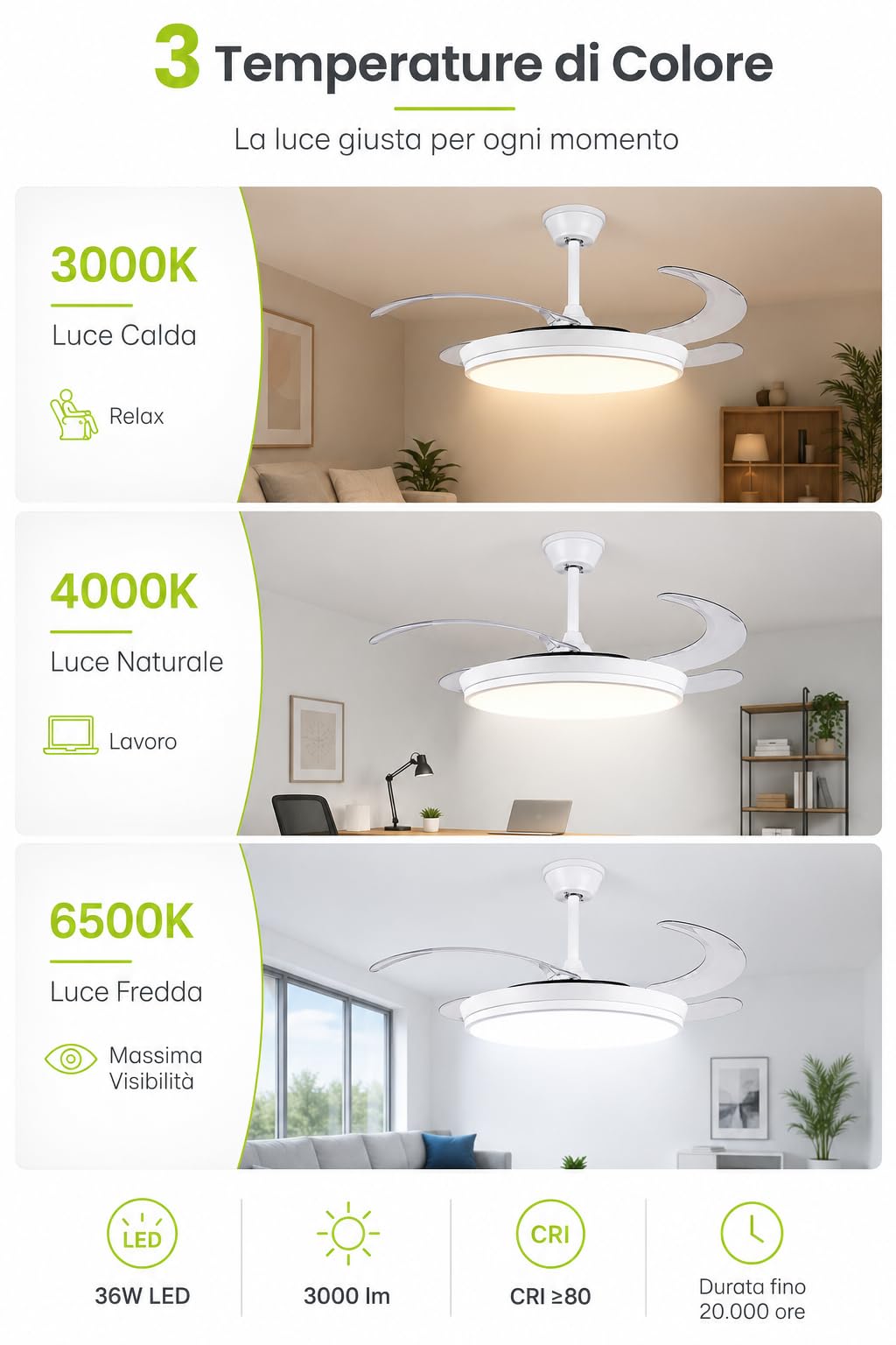 Ventilatore da Soffitto con Luce LED 36W e Telecomando | Pale Retrattili 106 cm | 6 Velocità Motore DC | CCT 3000K 4000K 6500K | Lampadario Ventilatore Moderno
