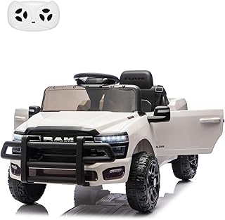 12V Ride on Truck Car, Licensed RAM Pickup Car w/Remote Control, Battery Powered Electric Car with Music, Spring Suspension, 3 Speeds, LED Lights & All-Terrain Tires, Gift for Boys Girls-White