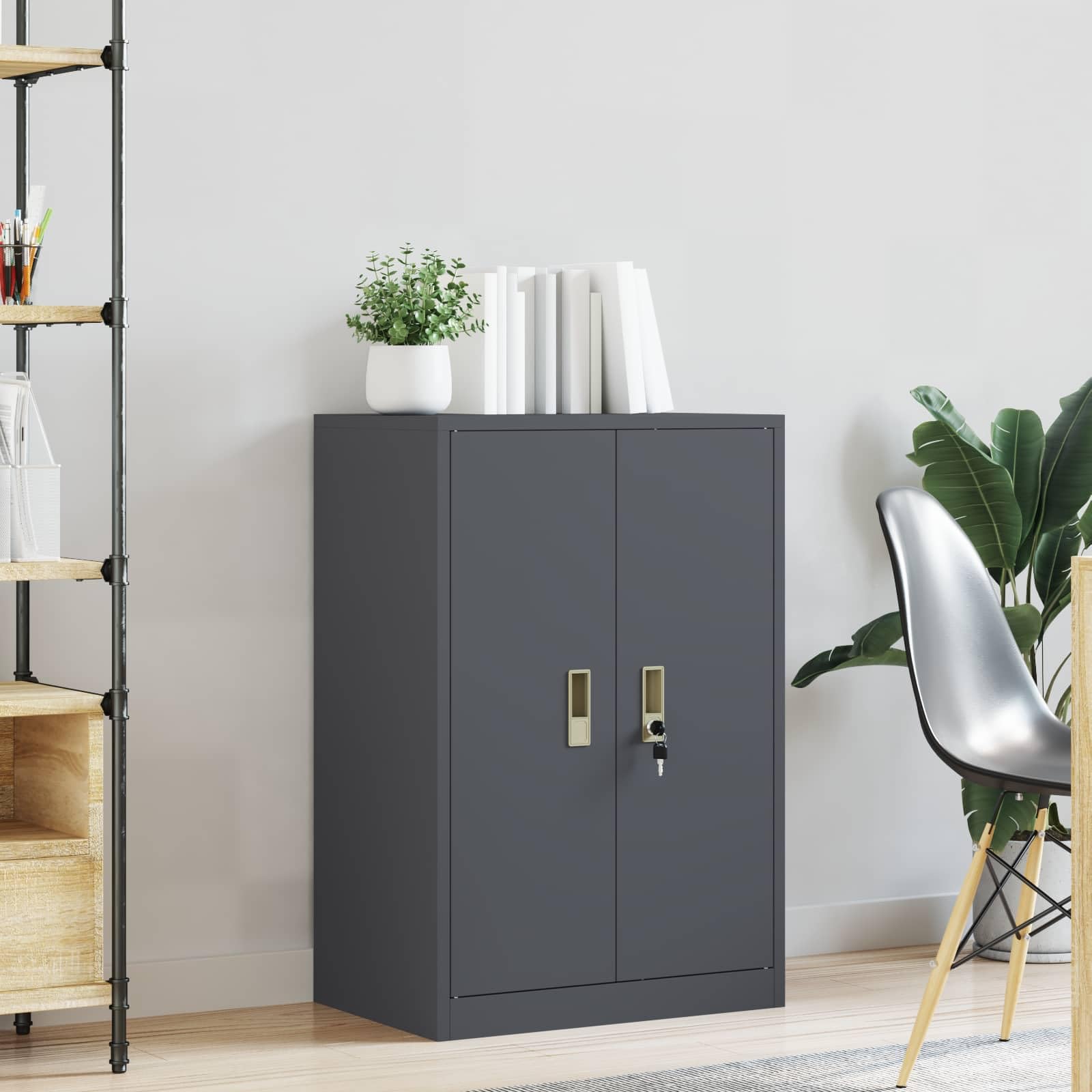 Armadio Portaoggetti Antracite in Acciaio 60x40x90 cm con ante chiudibili, spazio per documenti e raccoglitori, compatibile per ufficio, home office e studio