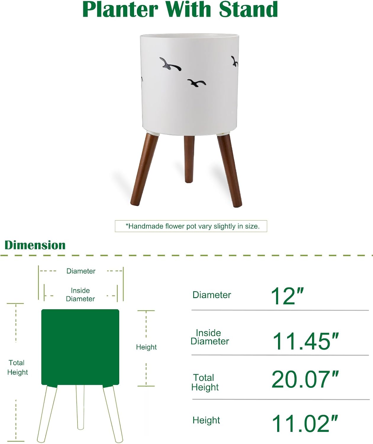 naclto 12 Inch Planter Pot with Stand,Large Modern Plant Pot for Indoor Plants,Flower Pot Indoor Outdoor with Drainage for Home Garden Patio, White and Black