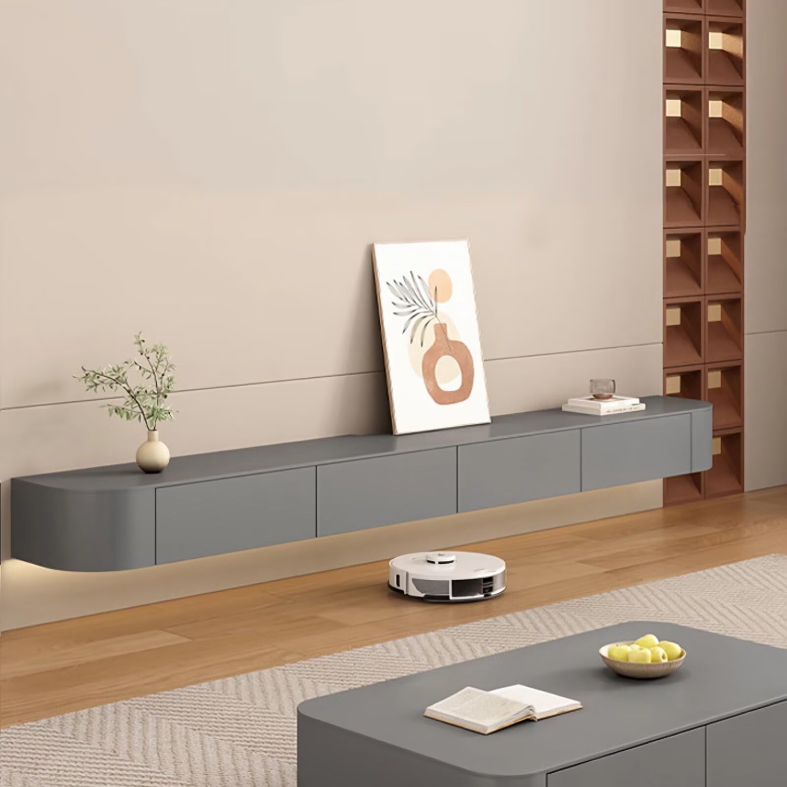 YINXSLO Floating TV Unit with Drawer, Pine Wood Wall Mounted TV Cabinet