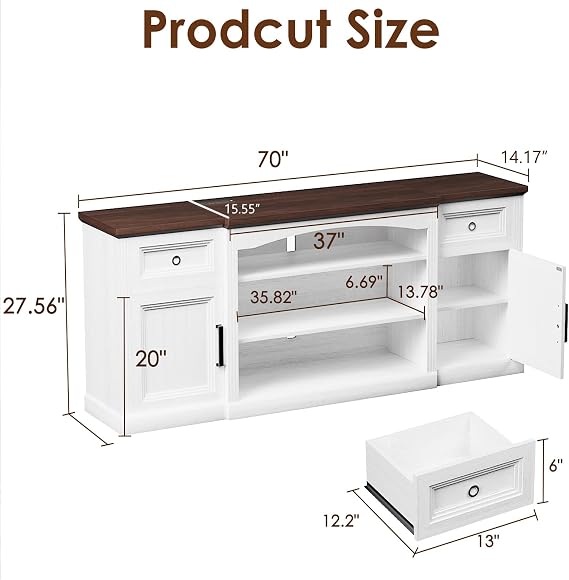 Farmhouse TV Stand for 80 Inch TVs, 27.5 Tall Entertainment Center, with LED Lights & Outlet, 2 Drawers, Adjustable Shelves, 70 Modern TV Stand for Living Room, White