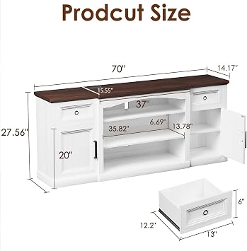 Farmhouse TV Stand for 80 Inch TVs, 27.5 Tall Entertainment Center, with LED Lights & Outlet, 2 Drawers, Adjustable Shelves, 70 Modern TV Stand for Living Room, White