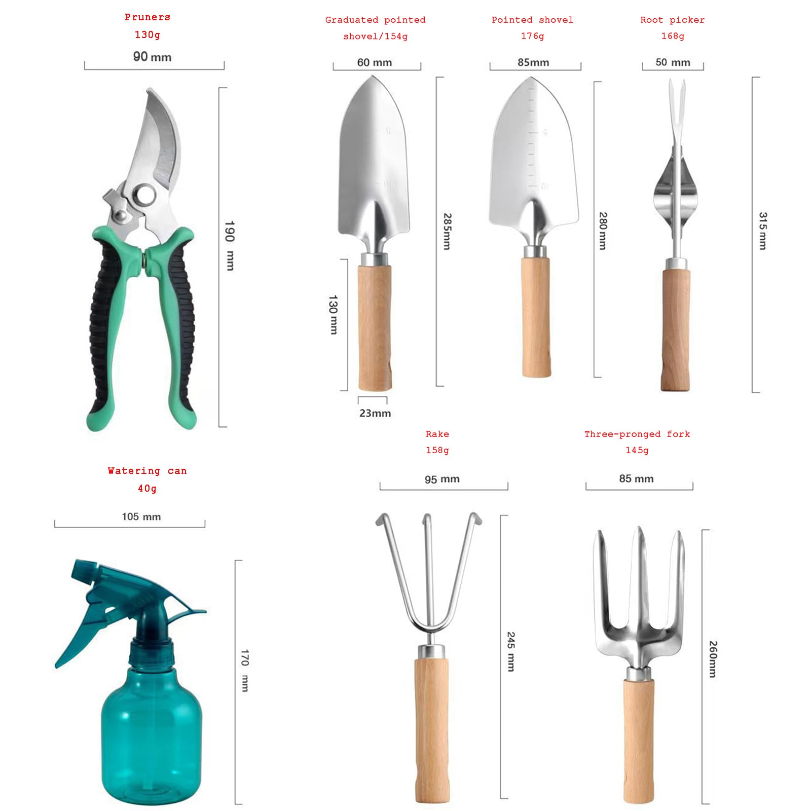 9-teiliges Gartenwerkzeug-Set, Hochwertiges Gartenset aus Edelstahl mit Holzgriff zum Pflanzen, Graben und Beschneiden, mit Robuster Tasche,Braun