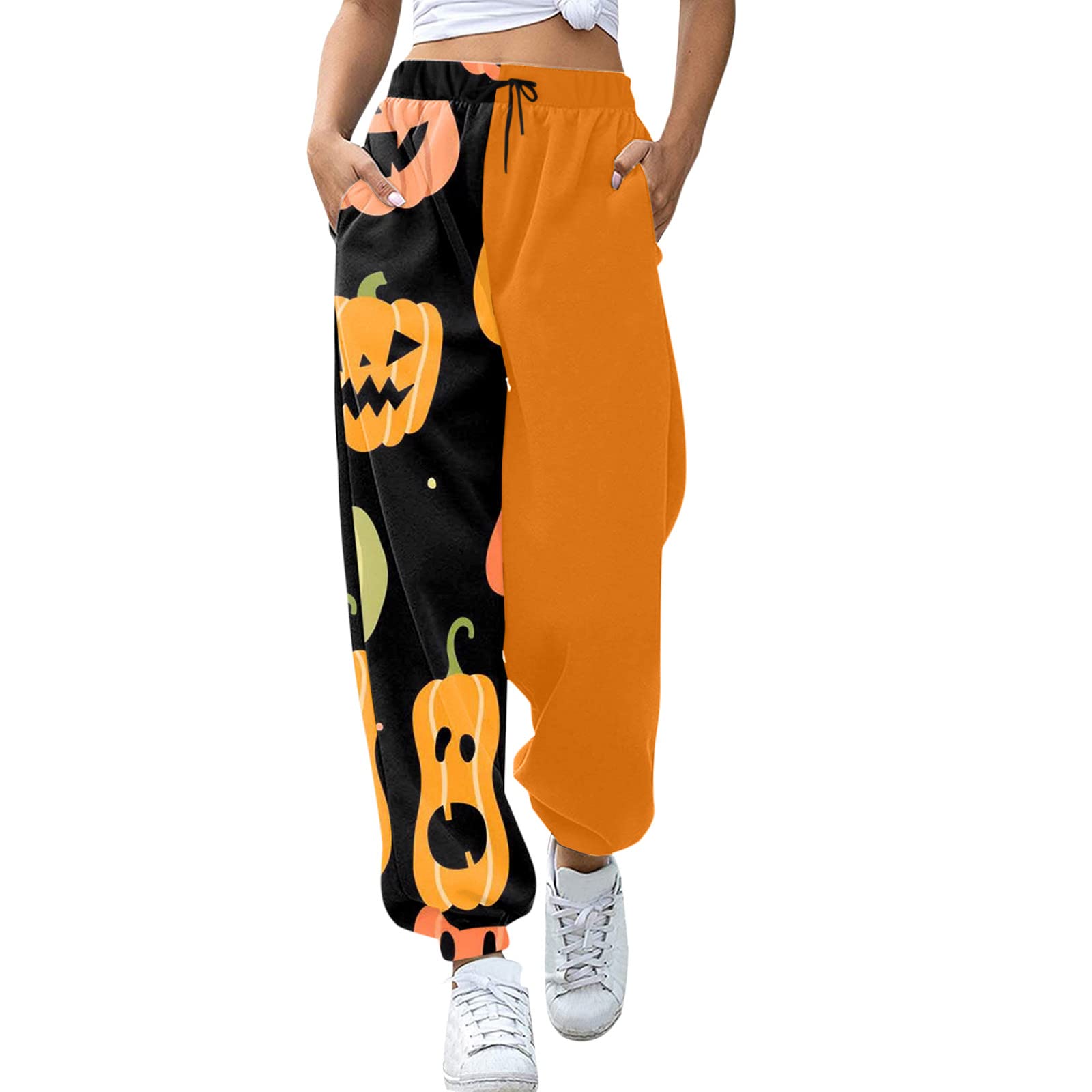 Women Halloween Print Athletic Joggers Color Block Drawstring Joggers Thanksgiving Day Turkey Baggy Harem Pants Joggers