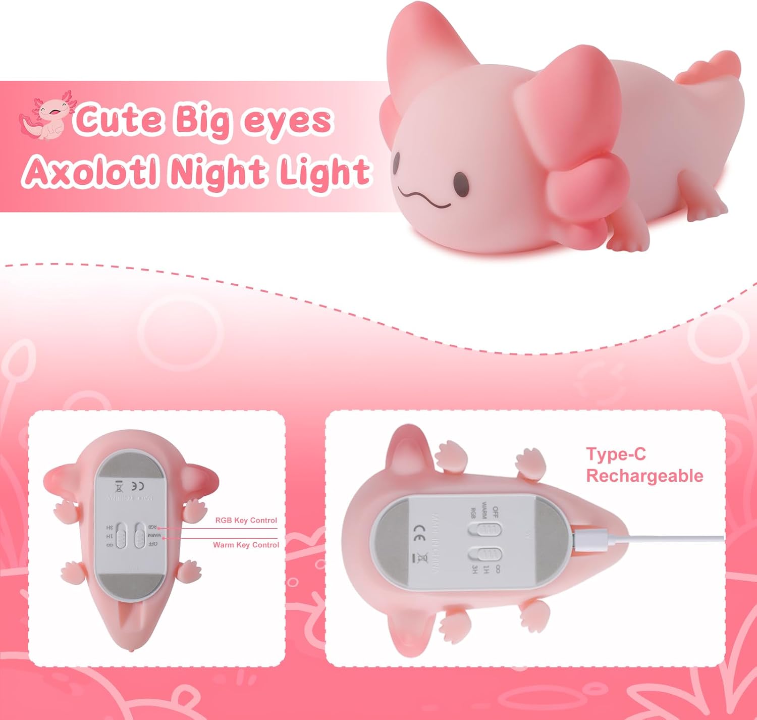 ZKLiLi Axolotl Kids Night Light,Squishy Cute Lamp Dimmable Childrens Night Light Gifts for Baby with Timer & 16 Colors,Rechargeable Bedroom Smart LED Bedside Lamps Toddler Night Light