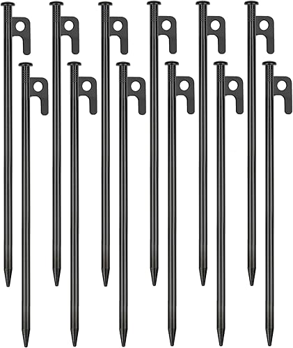 Paquete de 12 estacas de metal resistentes para tienda de campaña para camping, estacas de acero de 12 pulgadas, irrompibles e inflexibles