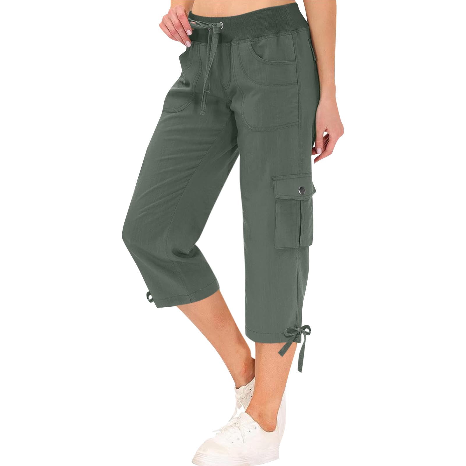 Cargo Capri Pants for Women Plus Size Pleated Drawstring Elastic Waist Relax Fit Beach Pants with Pockets Comfy Lightweight Casual Pants Stylish Solid Color Trouser Pants 2025 Summer Hiking Pants