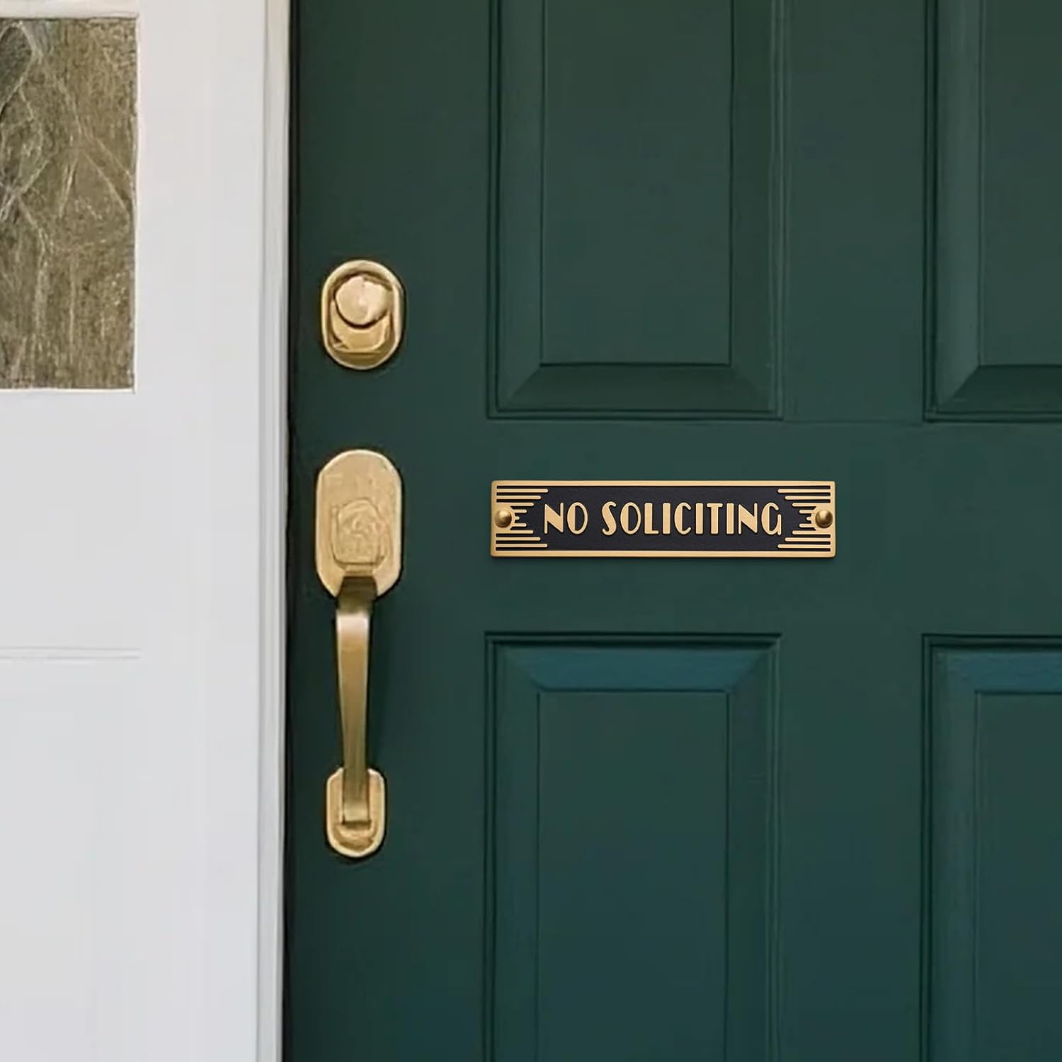 Brass No Soliciting Sign 6.5" - Classic Art Deco Style, Brushed Matte Finish, Hidden Screws and Nanotape Adhesive for Front Door, Wall Decor, Home, Office, Business - Rectangle
