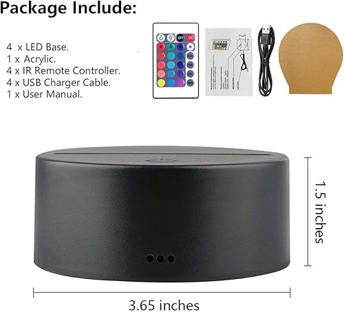 Miniatura 7 de Paquete de 4 bases de luz LED nocturna 3D, base LED de gran tamaño para acrílico, base de luz LED de 16 colores con control remoto y cable USB para