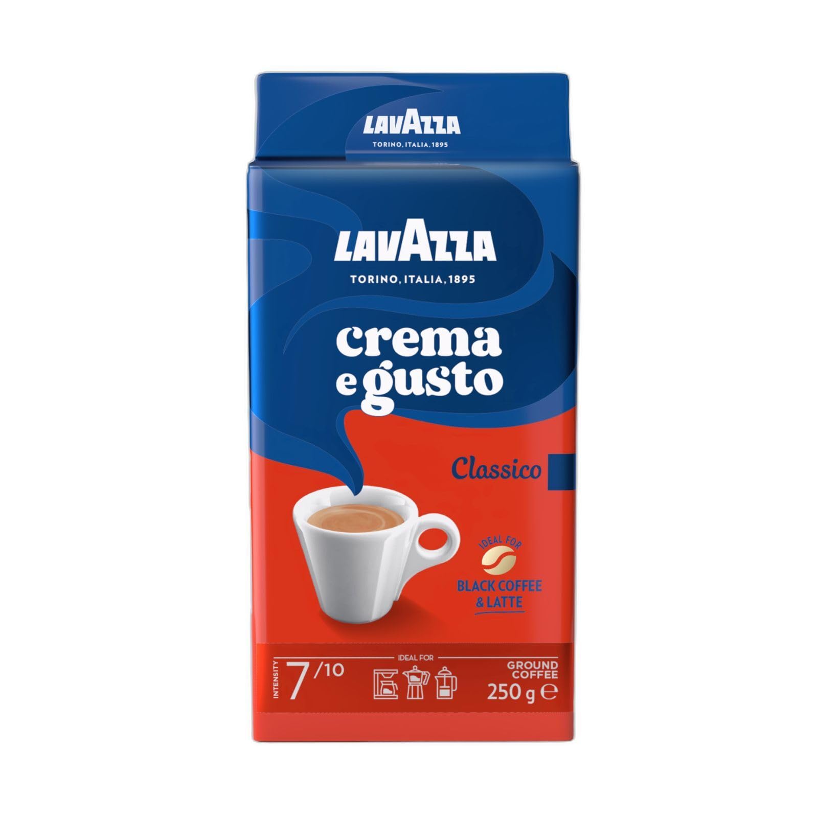 Lavazza, Crema e Gusto Classico, Café Molido Natural, Ideal para Cafetera Italiana, de Filtro y Francesa, con Notas Aromáticas de Especias, Arábica y Robusta, Intensidad 7, Tueste Oscuro, 250 g