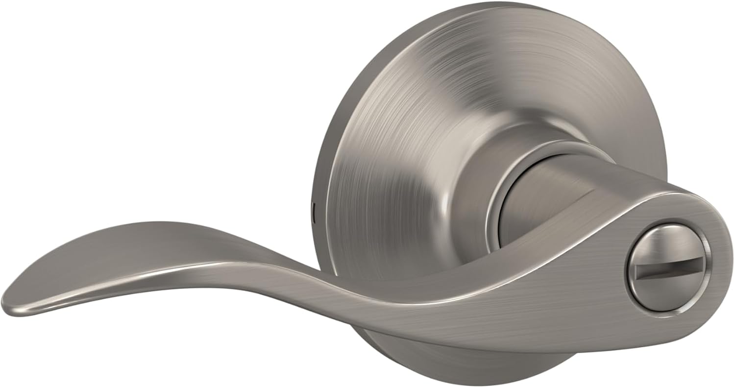 Wave Lever with Round Trim Bedroom and Bathroom Door Handle, Satin Nickel Finish