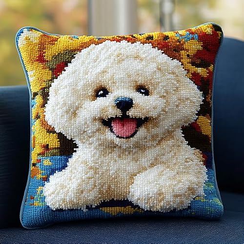WallustrioaW Animal Latch Hook Kit Cushion for Adults,Cute White Bichon Frise,DIY Craft Latch Hook Rug Kits Embroidery Latch Hook Pillow Cover Kit for Christmas/Gifts,17x17inch