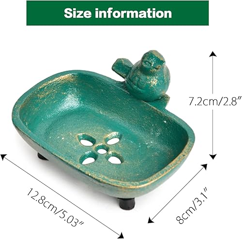 Miniatura 6 de Sungmor Soporte de jabón de manos de hierro fundido resistente, con forma de pájaro encantador y acabado verde antiguo, bandeja decorativa para