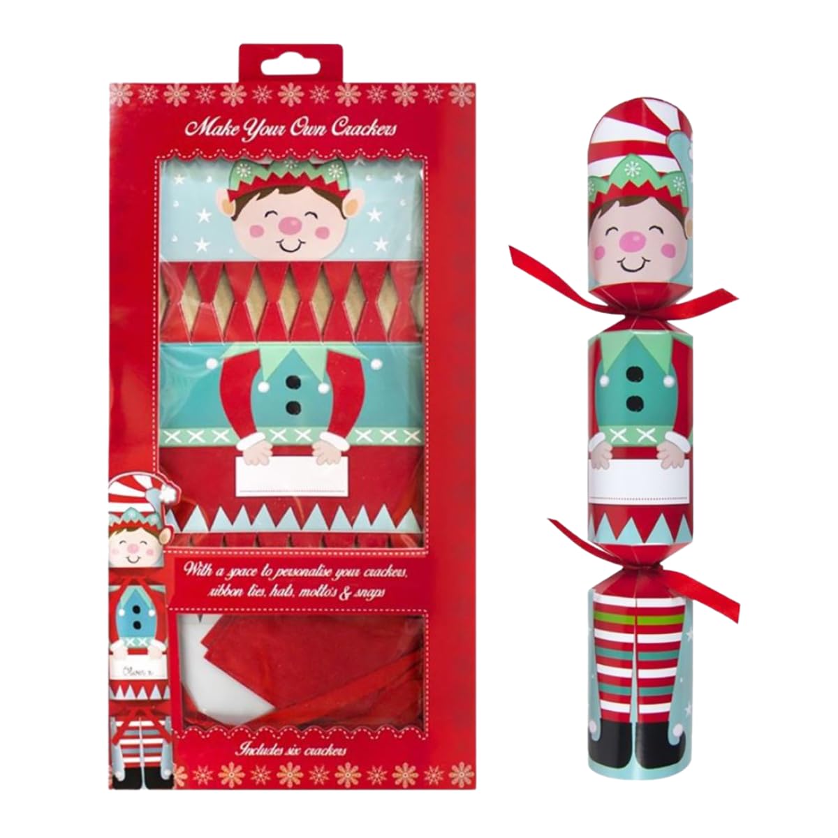 YöL Make Your Own Elf Christmas Crackers Kit – DIY Personalised Crackers with Ribbons, Hats, Mottos, Snaps & Name Tags – Fun Family Craft Activity – Pack of 6 – 36.5 cm Paper Crackers