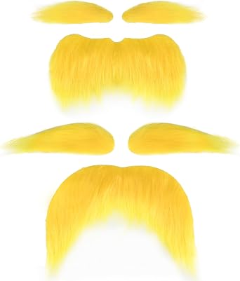 4 PCS Yellow Mustache and Eyebrows Set with Spare Tape, Self-Adhesive Bushy Fake Mustache Beard for Halloween Cosplay Costume, Adult Party Favors, Realistic Novelty Makeup Props for Costume Parties